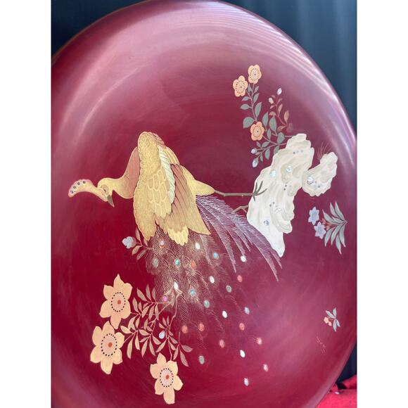 Japenese Maruni Co Lacquerware Metal Inlaid MOP Peacock Wall Charger Circa 1940s - Picture 12 of 13